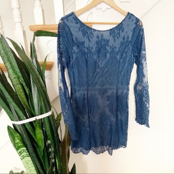 Free People Blue lace formal mini Dress sz M - Picture 1 of 4